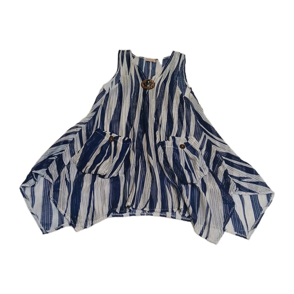 Paradise USA Beach Coverup M/L Blue White Stripe Open Knit Buckle Boho Resort
